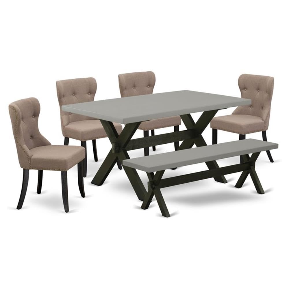 East West Furniture X696Si648-6 6 Piece Dining Table Set Contains A Rectangle Wooden Table With X-Legs And 4 Coffee Linen Fabric Upholstered Chairs With A Bench, 36X60 Inch, Multi-Color
